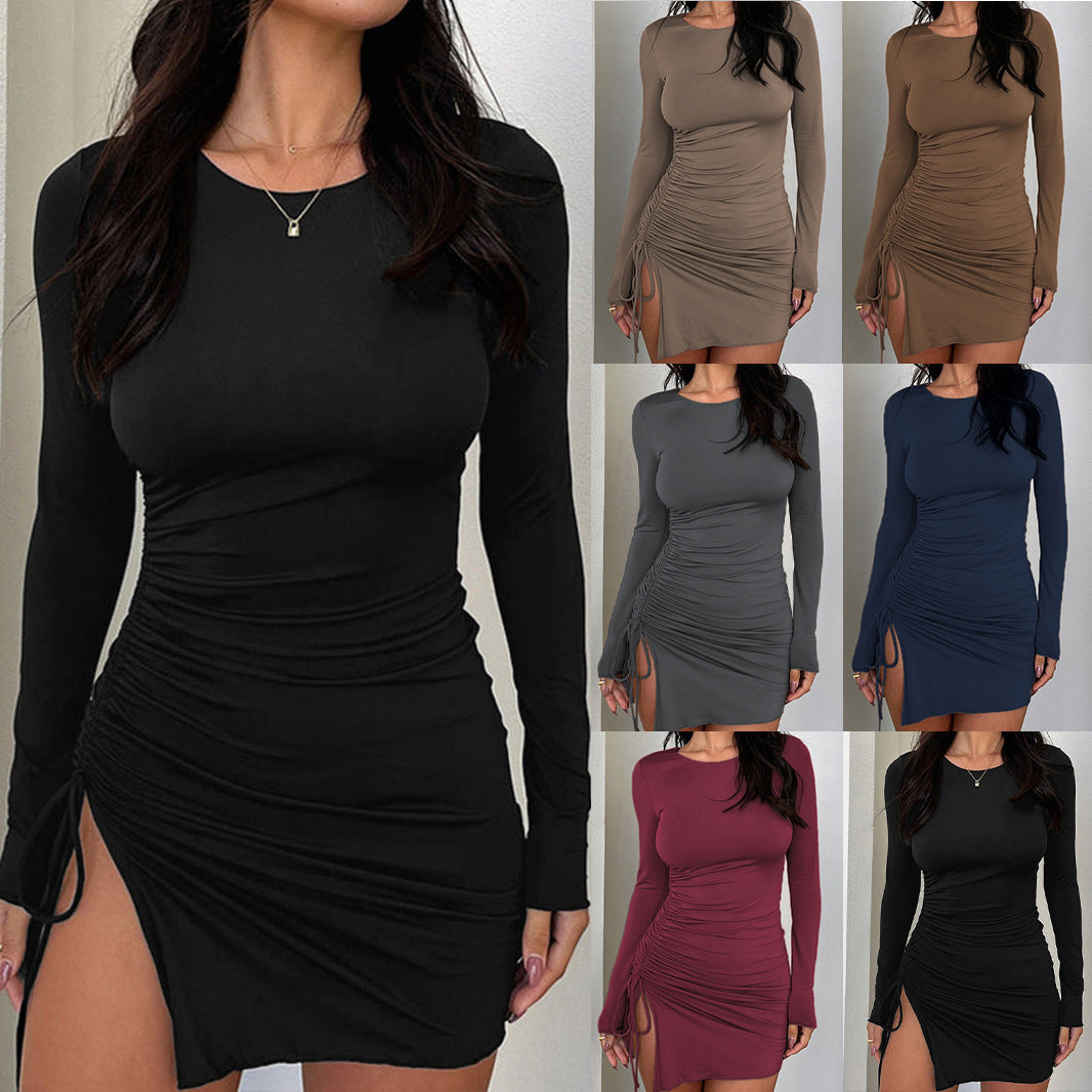 Ruched Bodycon Long Sleeve Mini Dress – Side Drawstring Slim Fit Party Dress for Women