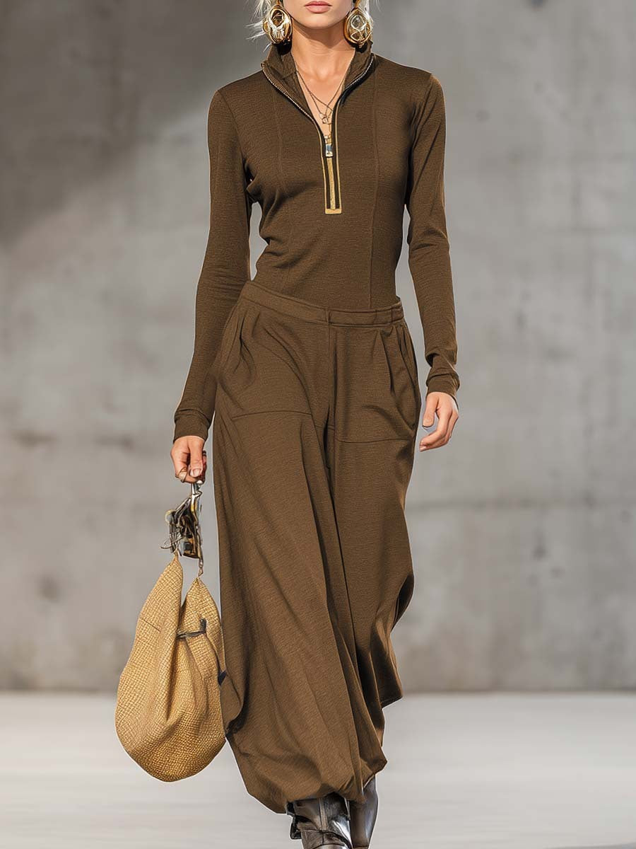 Women's Long Sleeve Wide-Leg Jumpsuit – Elegant Zip Front One-Piece Outfit for Fall & Trave