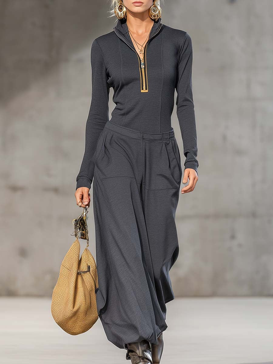 Women's Long Sleeve Wide-Leg Jumpsuit – Elegant Zip Front One-Piece Outfit for Fall & Trave