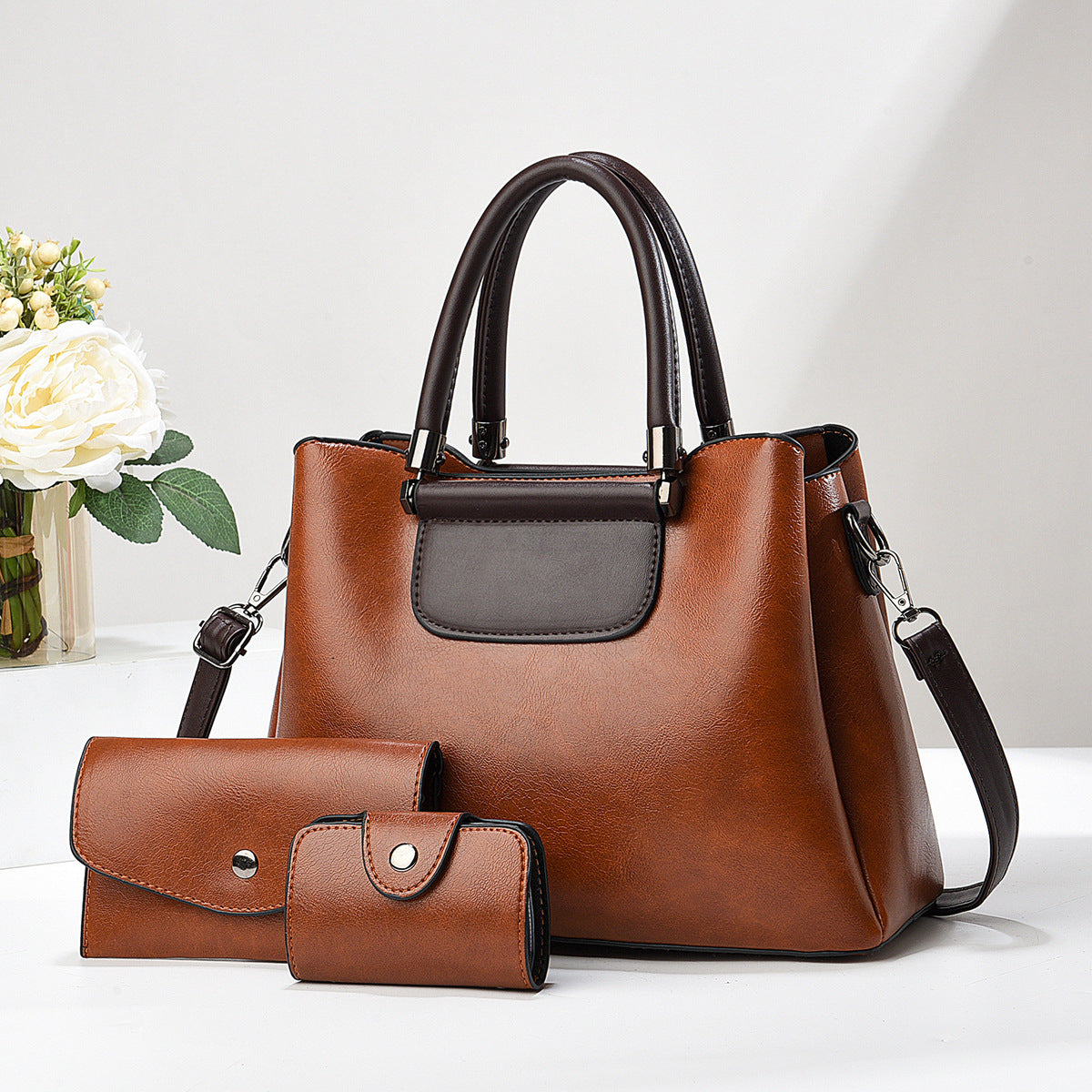 3-Piece Faux Leather Handbag Set – Tote, Wallet & Clutch for Women