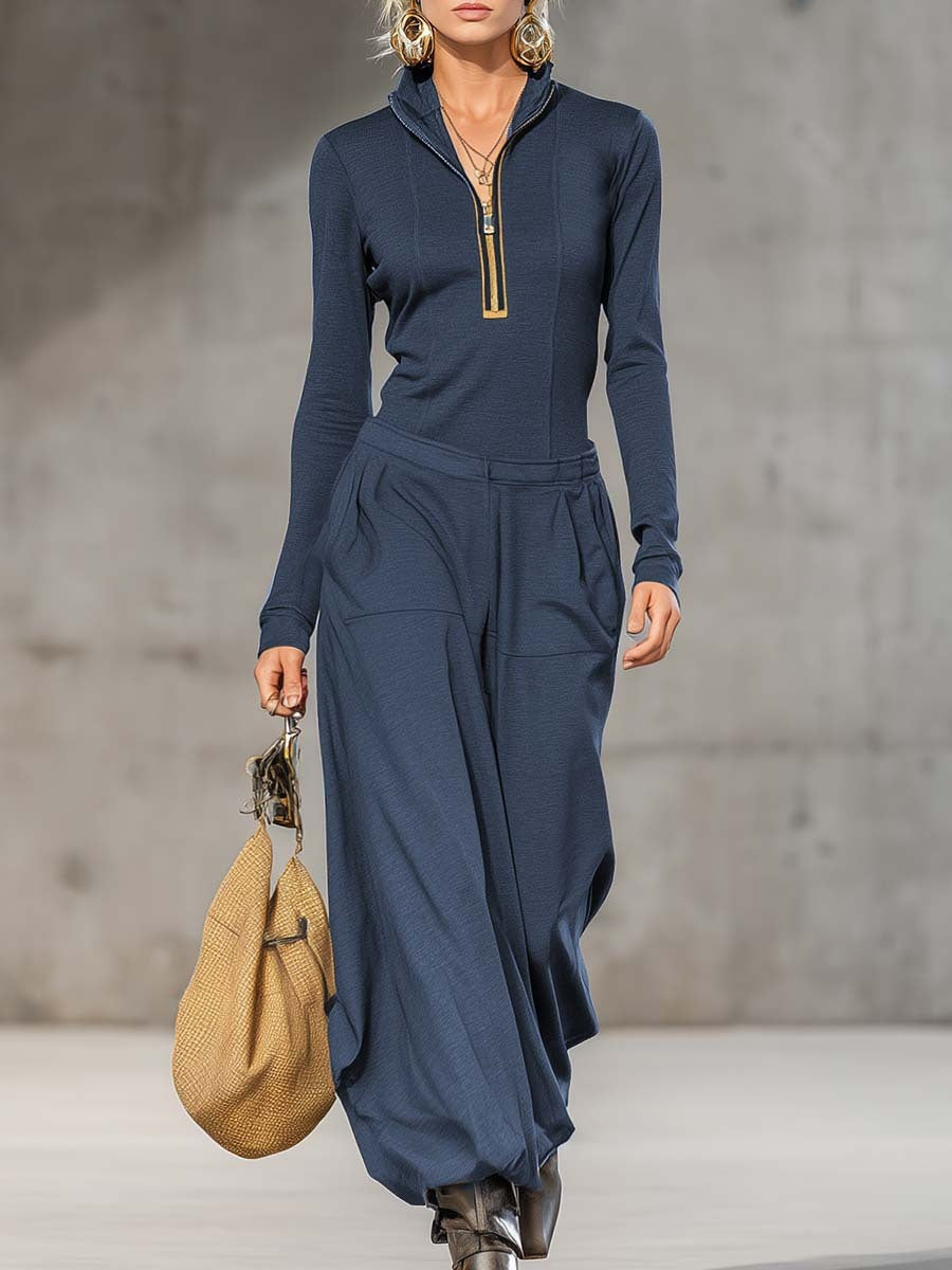 Women's Long Sleeve Wide-Leg Jumpsuit – Elegant Zip Front One-Piece Outfit for Fall & Trave