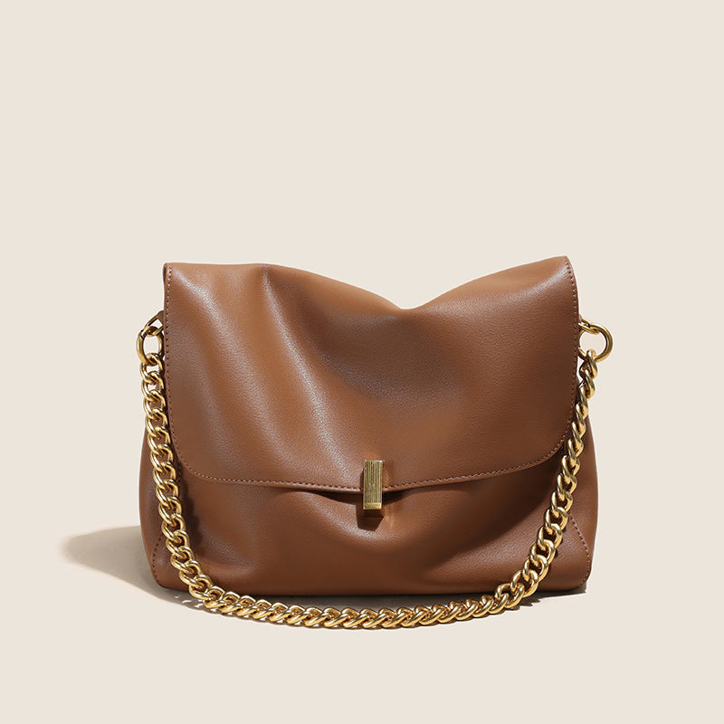 Leather Shoulder Bag – Soft Clutch Purse with Gold Chain for Women