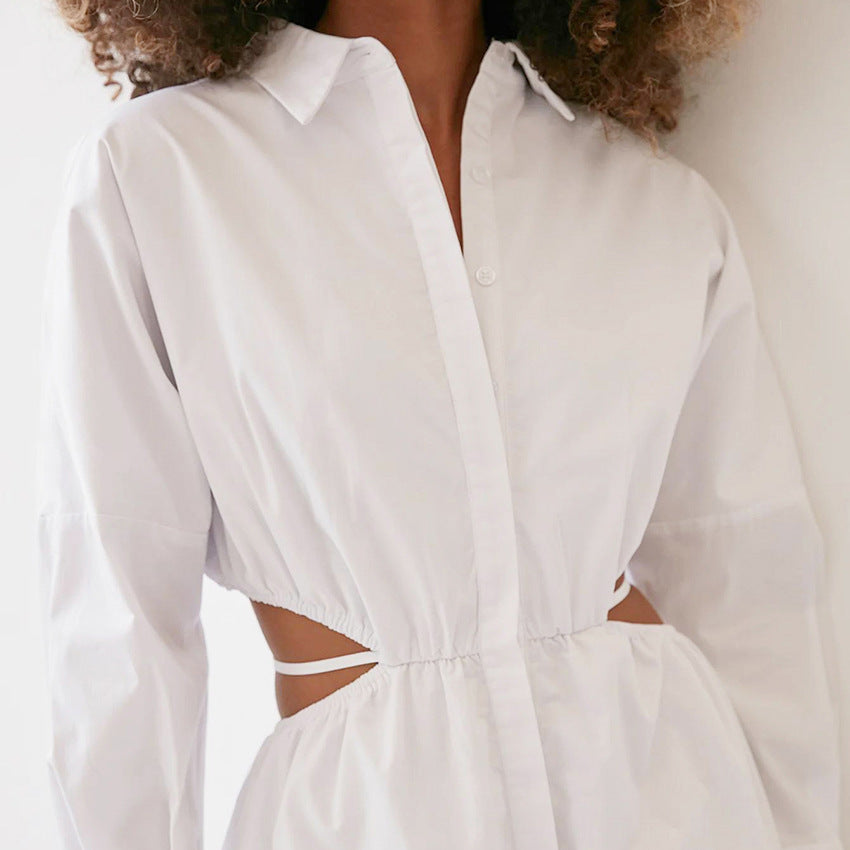 Shirt Dress Cutout Dress for Women – Long Sleeve Button-Down Mini Dress with Cinched Waist