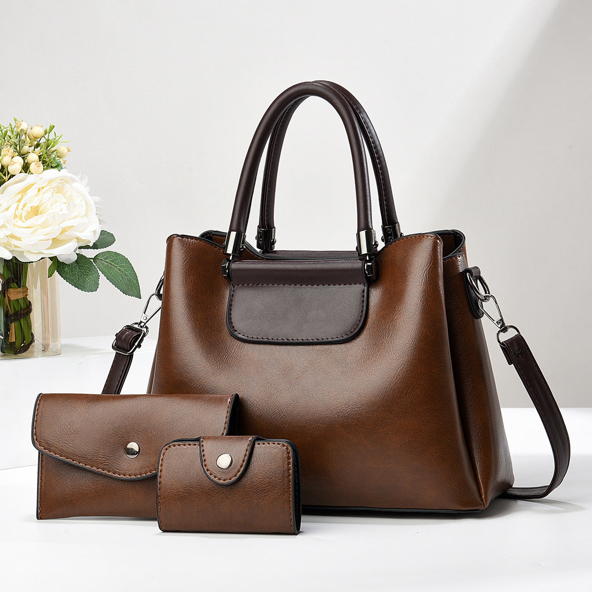 3-Piece Faux Leather Handbag Set – Tote, Wallet & Clutch for Women