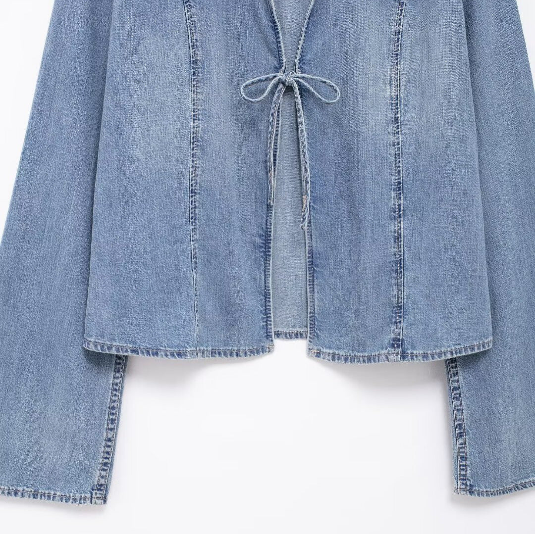 Light Blue Denim Tie Front Jacket – Long Sleeve Casual Jean Shirt for Women