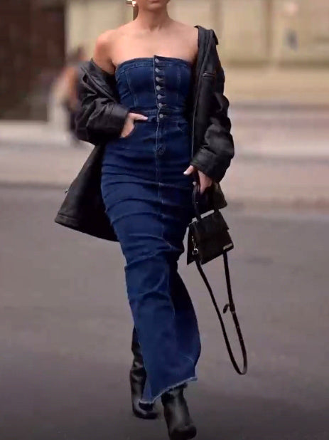 Tube Top Button-Up Denim Maxi Dress – BodyCon Tube Jean Dress for Women